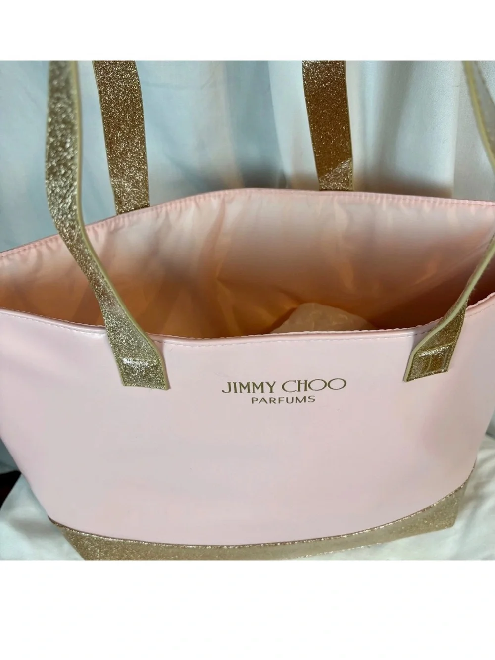 Jimmy Choo Parfum Tote Bag Pink & Gold Glitter Large Shoulder Bag Faux Leather